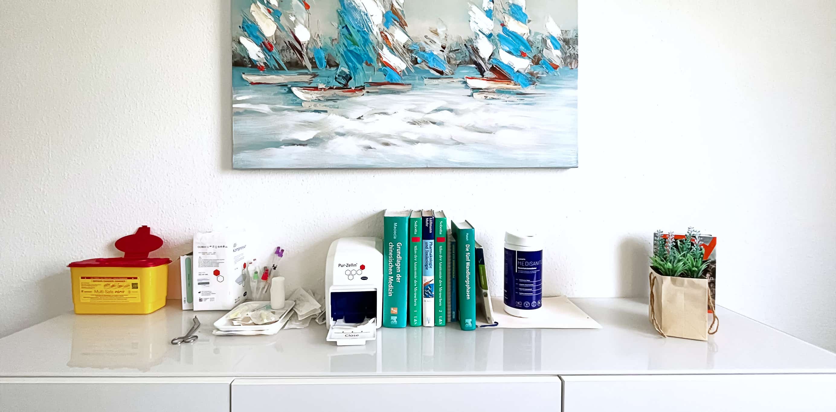 weisses sideboard mit fachbuechern und anderen nessecaires, darueber ein grossformatiges gemaelde mit stilisierten segelbooten
