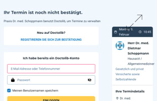 Eine Webseite mit einem Anmeldeformular, das Felder für E-Mail-Adresse oder Telefonnummer und Passwort enthält, sowie Schaltflächen zum Speichern der Anmeldedaten und zum Anmelden. Rechts befindet sich ein Informationsbereich mit einem Logo und Kontaktinformationen.