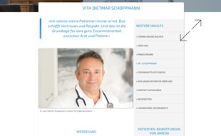 Ein Mann in einem weißen Arztkittel mit einem Stethoskop um den Hals lächelt in die Kamera. Text ist auf der rechten Seite des Bildes sichtbar.