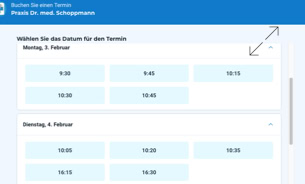 Ein Online-Terminbuchungssystem mit verfügbaren Zeiten für Montag, 3. Februar, und Dienstag, 4. Februar, in einem Tabellenlayout.