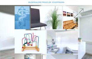 Collage von Bildern, darunter ein medizinisches Symbol, ein schwarzer Stuhl, eine Pflanze, ein Holztisch, ein buntes Kinderspielzeug und ein heller Raum mit Schränken.