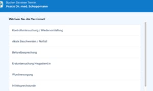 Screenshot einer Webseite mit blauem Header und weißem Hintergrund, zeigt eine Liste von Optionen: "Vereinbarung / Wiederverheiratung", "neue Dokumente / Verlust", "Behandlungsvertrag", "Einverständniserklärung Neugeborene", "Mustererzeugung", "Unterlagenverlust".