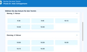 Screenshot einer Webseite mit einem blauen Header und einer Tabelle zur Auswahl von Terminen. Die Tabelle zeigt zwei Tage, Montag, 3. Februar, und Dienstag, 4. Februar, mit jeweils drei verfügbaren Uhrzeiten.