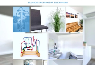 Collage von Bildern, darunter ein medizinisches Symbol, ein grauer Stuhl, eine Pflanze, ein Holztisch, ein buntes Kinderspielzeug und ein weißer Raum mit Schränken.