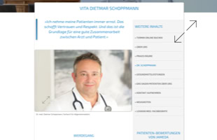 Ein Mann in einem weißen Kittel mit einem Stethoskop um den Hals lächelt in die Kamera. Links neben ihm befindet sich ein Textabschnitt. Rechts sind Menüpunkte aufgelistet.